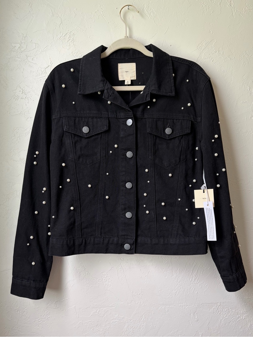 TGLA Francesca’s Black Pearl Embellished Denim Jacket Small NWT